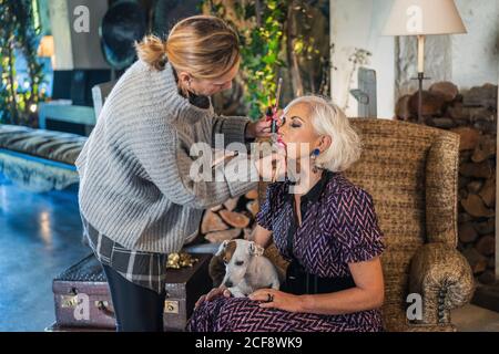 Femme consciencieuse appliquant un maquillage sur une femme aux cheveux gris calme dans une élégante robe assise dans un fauteuil avec un petit chien à pois Jack Russell Terrier lors de la préparation à la photographie contre dans un studio de photo contemporain Banque D'Images