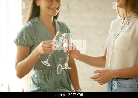 Bonnes vibrations. Les gens clinking verres avec du vin ou du champagne. Des amis heureux et joyeux célèbrent les vacances, la réunion. Gros plan sur des amis souriants, le style de vie. Faites la fête à la maison ou au restaurant, au café. Banque D'Images