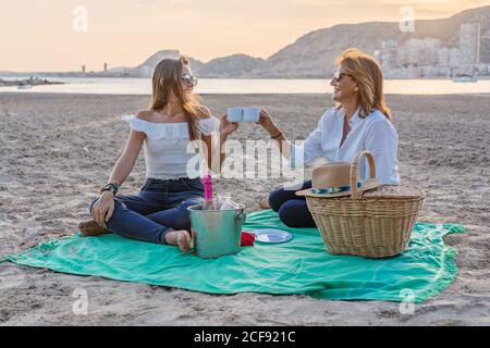 Une mère et une fille souriantes et souriantes se regardant l'une l'autre tout en étant assis sur une couverture et des tasses de clinking pendant la réunion de famille pique-nique sur la plage le soir Banque D'Images