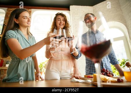 Bonnes vibrations. Les gens clinking verres avec du vin ou du champagne. Des amis heureux et joyeux célèbrent les vacances, la réunion. Gros plan sur des amis souriants, le style de vie. Faites la fête à la maison ou au restaurant, au café. Banque D'Images