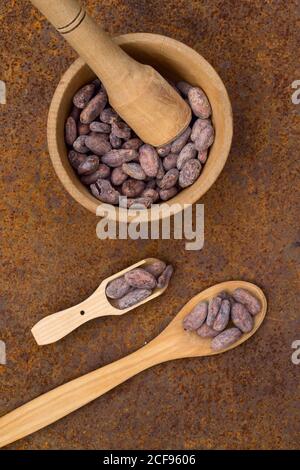 Concept de plat de cacao avec fèves de cacao crues dans un bol et une cuillère sur fond de fer, vue du dessus Banque D'Images