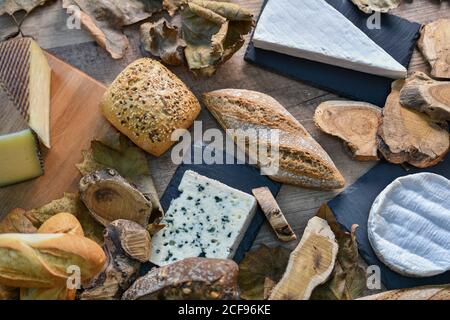 De dessus délicieux différents types de fromage blanc et croustillant pain frais avec des morceaux de bois sur une table rustique Banque D'Images