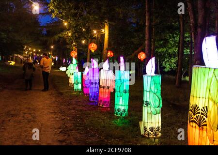 Les illuminations des bois chez nous ne sont pas un festival socialement distancé Événement à Pippingford Park - camping avec une ambiance de festival Banque D'Images