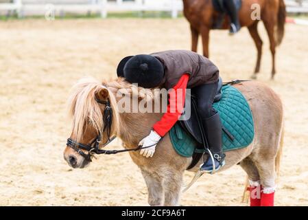 Vue latérale d'un enfant méconnaissable en costume de jockey assis poney en forme de selle et de cheval avec une manie tressée pendant la leçon dans l'école d'équitation Banque D'Images