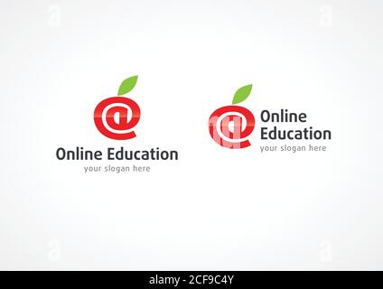 Logo de l'éducation en ligne, symbole arroba en vecteur comme fruit. École Internet. Logotype isolé, modèle de conception graphique abstrait. Illustration de Vecteur