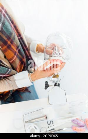 Anatomie dentaire les mains de l'étudiant travaillant en plastique tête humaine Banque D'Images