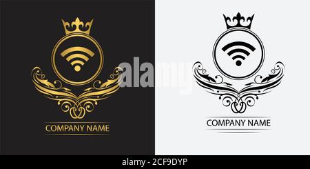 modèle de logo wi-fi luxueux vecteur royal compagnie emblème décoratif avec couronne Illustration de Vecteur