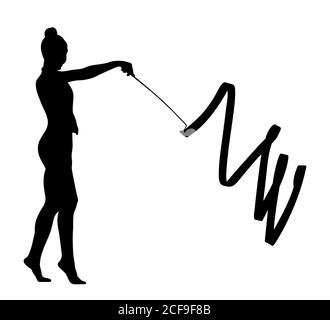 fille artistique de gymnastique avec ruban silhouette noire Banque D'Images