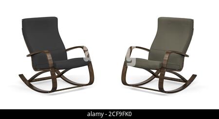 Deux fauteuils à bascule gris foncé et vert olive foncé sur fond blanc - rendu 3d Banque D'Images