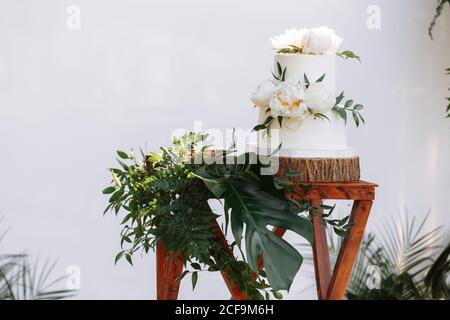 Gâteau de mariage élégant avec fleurs et succulents. Gâteau de mariage blanc à deux niveaux avec fleurs sur une table en bois Banque D'Images