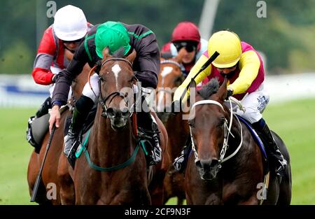 Prince of Abington monté par le jockey Jim Crowley (à droite) sur leur chemin pour gagner les volontaires d'Ambulance St John (Berkshire) British EBF Novice Auction Stakes (plus 10) (Div 2) à l'hippodrome d'Ascot. Banque D'Images