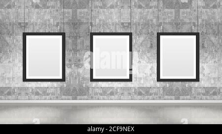 Mur du musée d'art avec trois cadres verticaux. Musée moderne de style industriel. Banque D'Images