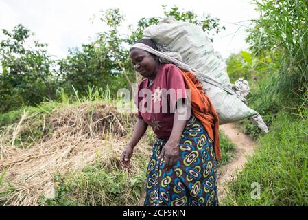 Ouganda - novembre, 26 2016: Femme africaine senior de corps entier regardant loin et portant sac sur le dos tout en marchant sur le chemin dans la forêt Banque D'Images