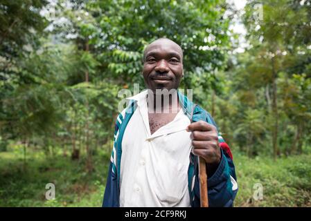 Ouganda - novembre 26 2016 : homme africain avec moustache regardant la caméra tenant un bâton au milieu d'une forêt à la campagne Banque D'Images