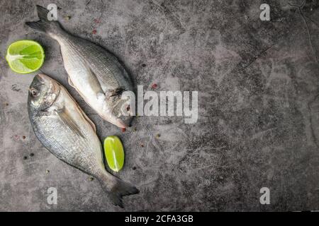 Poisson dorado cru avec des ingrédients pour faire sur un fond blanc d'ardoise, de pierre ou de béton. Vue de dessus avec espace de copie Banque D'Images