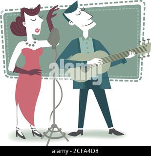 Illustration de style rétro d'un homme avec guitare accompagnant une chanteuse. Illustration de Vecteur