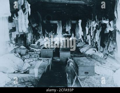 Intérieur d'une cabane occupée par des cueilleurs de baies. Anne Arundel Comté., au Maryland. Banque D'Images