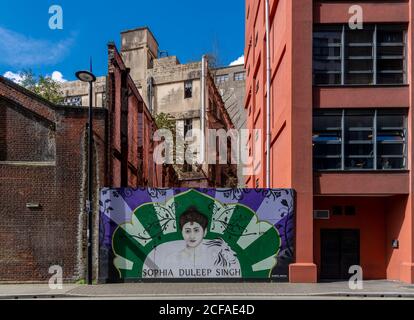 Anciens entrepôts abandonnés sur le front de mer d'Ipswich. Certains des entrepôts ont des peintures murales à Black Lives Matter et Sophie Duleep Singh. Banque D'Images