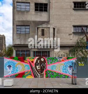 Anciens entrepôts abandonnés sur le front de mer d'Ipswich. Certains des entrepôts ont des peintures murales à Black Lives Matter et Sophie Duleep Singh. Banque D'Images