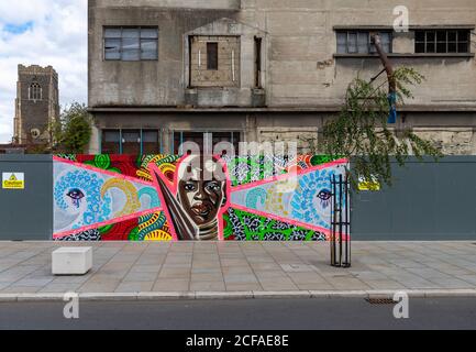 Anciens entrepôts abandonnés sur le front de mer d'Ipswich. Certains des entrepôts ont des peintures murales à Black Lives Matter et Sophie Duleep Singh. Banque D'Images