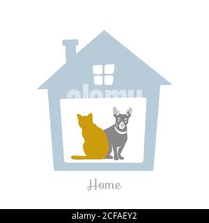 Chien et chat à la maison. Maison pour animaux. Illustration de Vecteur