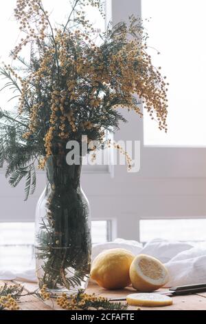 Fleurs de mimosas jaunes dans un vase sur une table Banque D'Images