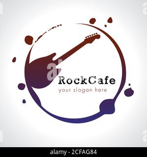 Logo de marque Rock café. Guitare électrique grunge en rouleau signe vecteur de musique avec des gouttes de peinture sales et des coups de pinceau imitations. Symbole des événements artistiques. Illustration de Vecteur