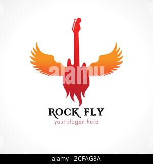 Logo Rock star ou BAND FLY de couleur rouge. La guitare électrique vole. Ailes d'ange de musique colorées. Signe vectoriel. Symbole événements artistiques et visites. Illustration de Vecteur