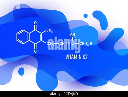 Formule chimique structurale de vitamine K2 avec un liquide bleu forme de dégradé avec espace de copie sur fond blanc Illustration de Vecteur