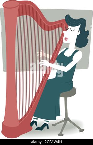 Illustration de style rétro d'une femme jouant de la harpe. Illustration de Vecteur