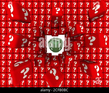 La réponse à toutes les questions. Le cube doré avec un point d'exclamation rompt le mur des cubes rouges avec les symboles du point d'interrogation. Illustration 3D Banque D'Images