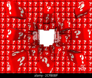 Destruction d'un mur de cubes avec les symboles du point d'interrogation. Trou dans le mur des cubes rouges avec les symboles du point d'interrogation et des cubes de fiancé Banque D'Images