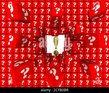 La réponse à toutes les questions. Le point d'exclamation doré brise le mur des cubes rouges avec les symboles du point d'interrogation. Illustration 3D Banque D'Images