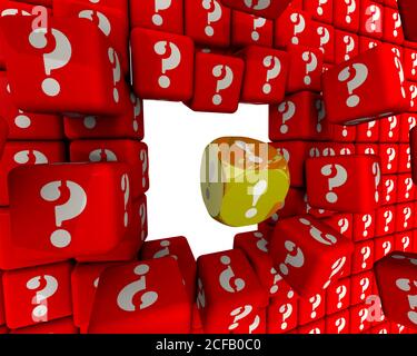 La réponse à toutes les questions. Le cube doré avec un point d'exclamation rompt le mur des cubes rouges avec les symboles du point d'interrogation. Illustration 3D Banque D'Images