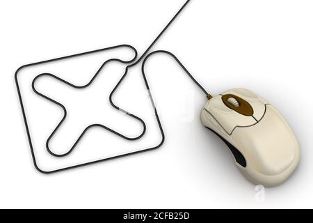 La souris d'ordinateur et le signe 'X' du fil sur une surface blanche. Illustration 3D Banque D'Images