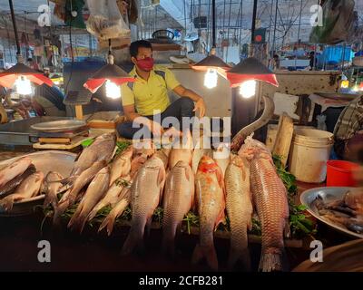 Le poisson est la principale source de protéines animales pour les populations bangladaises. Les vendeurs de poisson vendent des prises de poisson provenant d'eau douce et saumâtre. Banque D'Images