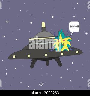Adorable extraterrestre sur une soucoupe volante, dans l'espace, en disant bonjour Illustration de Vecteur