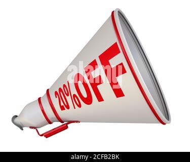 20 % DE RABAIS. Remise de vingt pour cent. Mégaphone blanc avec texte rouge 20 % de réduction. Isolé. Illustration 3D Banque D'Images