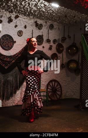 Danseuse en costume de flamenco debout en posture de danse Banque D'Images