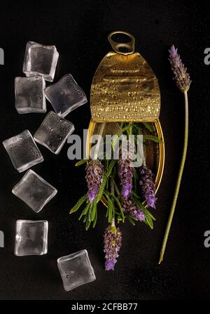 Composition avec vue de dessus et fleurs de lavande disposées en boîtes métalliques sur une surface noire avec des glaçons Banque D'Images