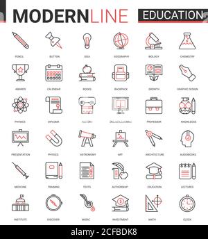 Jeu d'illustrations vectorielles d'icônes rouges fines et plates pour l'enseignement avec infographie pour l'école, le laboratoire ou l'université, symboles éducatifs, équipements d'expériences de laboratoire, livres scolaires et papeterie Illustration de Vecteur