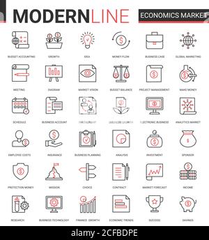 Jeu d'illustrations vectorielles d'icônes de la bourse économique. Symboles d'analyse économique linéaire mince rouge noir du marketing financier, de l'analyse et de la recherche de comptes bancaires, de la technologie des données bancaires Illustration de Vecteur