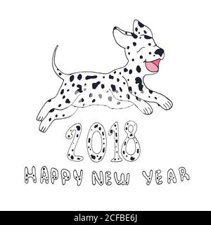 Chien heureux comme un symbole 2018, isolé sur fond blanc.Design e Illustration de Vecteur