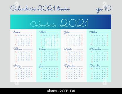Calendrier 2021 en espagnol sur fond blanc clair et bleu. Les dimanches et samedis sont surlignés en rouge. Modèle vectoriel modifiable 10 EPS. Horizontale Illustration de Vecteur
