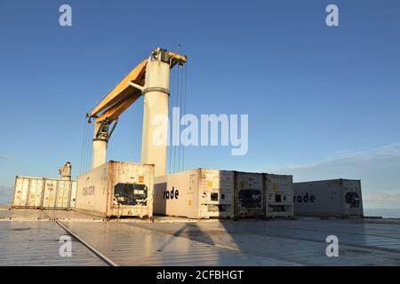 Navire-conteneur de fret marchand avec grues en cours à travers l'océan Atlantique calme sous le ciel bleu. Le navire est chargé principalement avec des reefers blancs vides. Banque D'Images