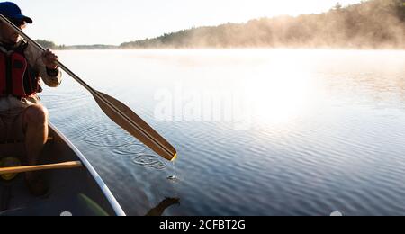 Homme pagayant le matin sur un lac brumeux en Ontario, Canada. Banque D'Images