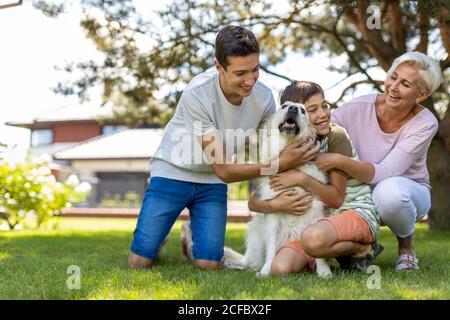 Mère et ses fils jouant avec leur chien dans le jardin Banque D'Images
