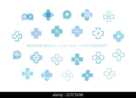 Ensemble d'icônes de télémédecine, collection de signes cliniques croisés, concept de logo créatif pour la médecine à distance, symboles de consultation médicale sur le Web, vecteur isolé Illustration de Vecteur