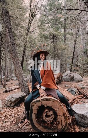 Jeune femme élégante avec des vêtements tendance et un chapeau assis sur bois et sourire en se reposant pendant l'entrée Forêt de conifères dans le parc national de Yosemite aux États-Unis Banque D'Images