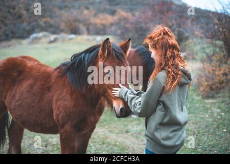 Vue arrière de la femme souriante avec de longs cheveux rouges dans le cheval brun à capuchon avec la manie noire dans le pâturage de montagne Banque D'Images